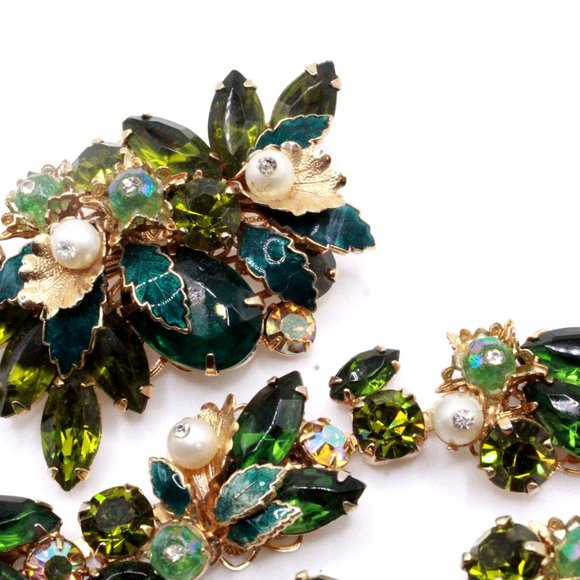 Weiss Signed AB Crystals Enamel Brooch Bracelet Earrings Parure Set - Picture 5 of 7